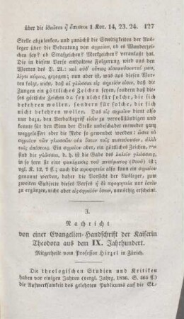 127-134 Nachricht von einer Evangelien-Handschrift der Kaiserin Theodora aus dem IX. Jahrhundert