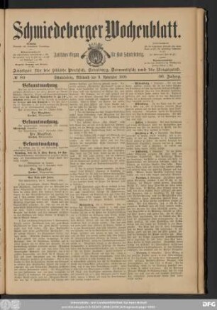 Schmiedeberger Wochenblatt, No 89 Schmiedeberg, Mittwoch den 9. November 1898