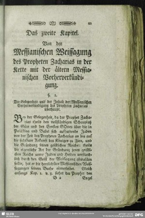 Das zweite Kapitel. Von der Messianischen Weissagung des Propheten Zacharias in der Kette mit der ältern Messianischen Vorherverkündigung
