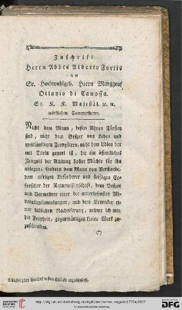 Zuschrift Herrn Abbts Alberto Fortis an Sr. Hochwohlgeb. Herrn Marggraf Ottavio di Canossa