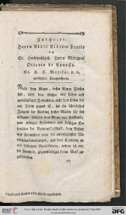 Zuschrift Herrn Abbts Alberto Fortis an Sr. Hochwohlgeb. Herrn Marggraf Ottavio di Canossa