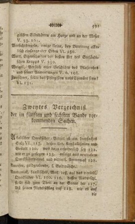 Zweytes Verzeichniß der im fünften und sechsten Bande vorkommenden Sachen.