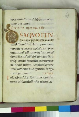 Guntbald-Sakramentar — Schriftseite mit Initiale, Folio fol. 69r