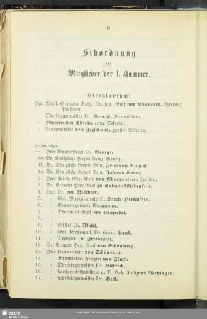 Sitzordnung der Mitglieder der I. Kammer