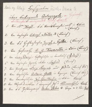 Liste von Autographen, die an Hofrat von Falkenstein in Dresden versandt wurden
