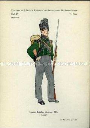 Uniformdarstellung, Gemeiner des Leichten Bataillons Lüneburg, Kurfürstentum Hannover, 1814.