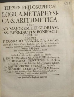 Theses Philosophicae Ex Logica, Metaphysica & arithmetica