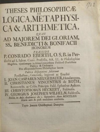 Theses Philosophicae Ex Logica, Metaphysica & arithmetica