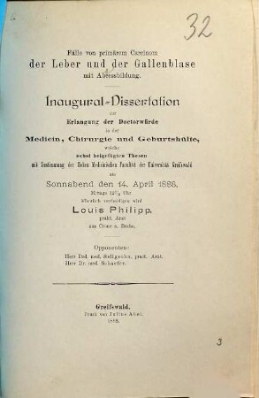 Fälle von primärem Carcinom der Leber und der Gallenblase mit Abscessbildung : Inaug.-Diss.