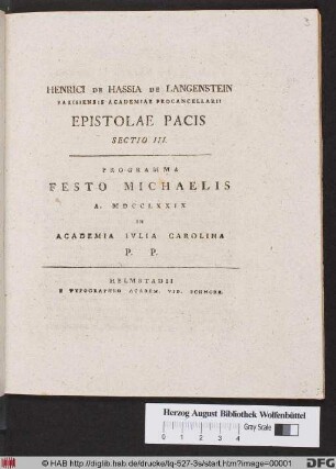Programma Festo Michaelis A. MDCCLXXXIX In Academia Ivlia Carolina P. P.