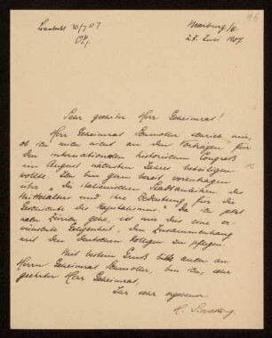 96: Brief von Heinrich Sieveking an Otto von Gierke, Marburg, 27.7.1907