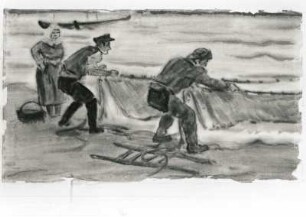 Netzfischer : Gelbke, Georg: Netzfischer. 1936. Aquarell; 31 x 53,8 cm. Privatbesitz