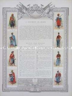 Uniformdarstellung, Rüstungen und Uniformen von Soldaten des 1. Sipahi-Reiter-Regiments und Zeittafel von Schlachten und Belagerungen mit Beteiligung dieses Regiments, Frankreich, 1834-1885.