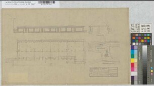 Empfangsgebäude [Bahnhof] Essen-Stadtwald: Läden am Bahnhofsvorplatz: Ansicht, Grundriß, Schnitt, Lageplan [2 Exemplare], M. 1:100 und M. 1:1.000