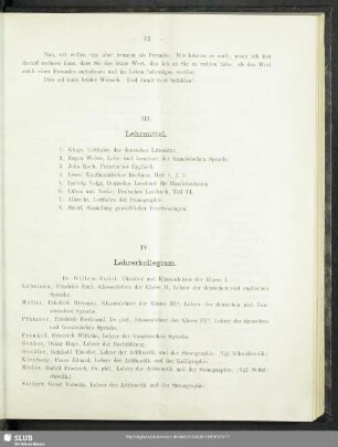 IV. Lehrerkollegium