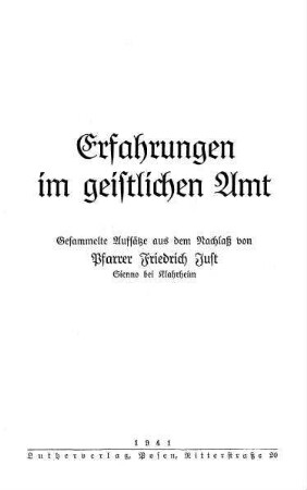 Erfahrungen im geistlichen Amt : gesammelte Aufsätze aus dem Nachlaß