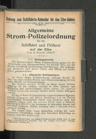 Anhang zum Schiffahrts-Kalender für das Elbe-Gebiet.