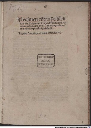 Regimen contra cõtra pestilentiam sive siue epidimiam