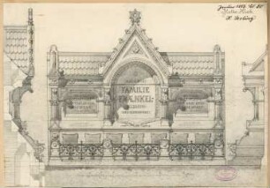 Erbbegräbnis Frenkel auf dem jüdischen Friedhof, Berlin-Weißensee Monatskonkurrenz Januar 1883 (2. Wettbewerb): Aufriss Vorderansicht, 2 Vertkalschnitte; Maßstabsleiste