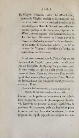 P. Virgilii Maronis Culex. Le Moucheron, poeme de Virgile, ...; par M. le comte de Valori, chevalier de l'ordre de Saint-Jean de Jérusalem