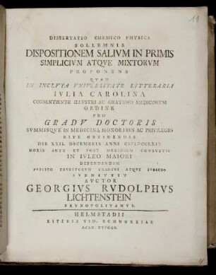 Dissertatio Chemico Physica Sollemnis Dispositionem Salivm In Primis Simplicivm Atqve Mixtorvm Proponens