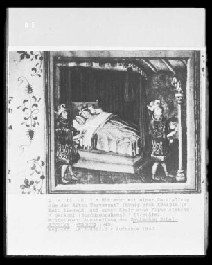 Miniatur mit einer Darstellung aus dem Alten Testament? (König oder Königin im Bett liegend; auf einer Säule eine Figur stehend)