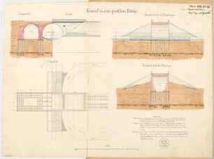 Eisenbahnbrücke Monatskonkurrenz Juni 1875: Grundriss, Längsschnitt, 2 Querschnitte; 1:150, Maßstabsleiste, Erläuterungstext
