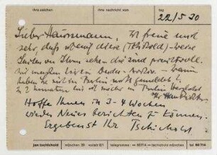 Postkarte von Hans Richter und Jan Tschichold an Raoul Hausmann. München. Fußzeile: jan tschichold münchen 39 voitstrasse 8/1