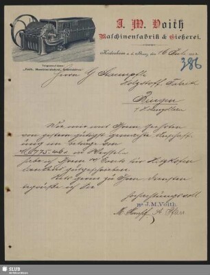 J. M. Voith, Maschinenfabrik & Geißerei, Heidenheim a. d. Brenz : Schreiben