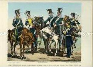 Uniformdarstellung, Garde-Jäger zu Pferde, Garde-Grenadier zu Pferde, Jäger zu Pferde und Infanterist, Königreich Polen, 1831. Tafel 8 aus: Album des Polnischen Kriegsheeres.