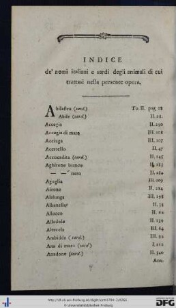 Indice de' nomine italiani e sardi degli animali di cui trattasi nella presente opera.