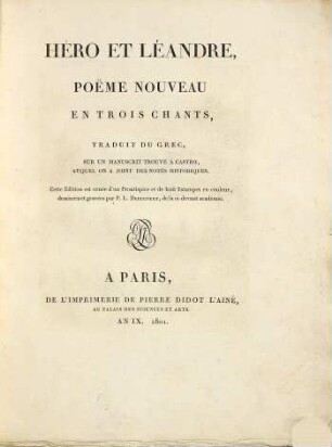 Héro et Léandre : Poème nouveau en trois chants