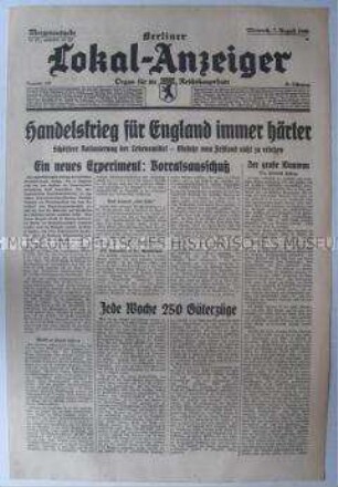Tageszeitung "Berliner Lokal-Anzeiger" u.a. über die britische Wirtschaftslage durch den Seekrieg
