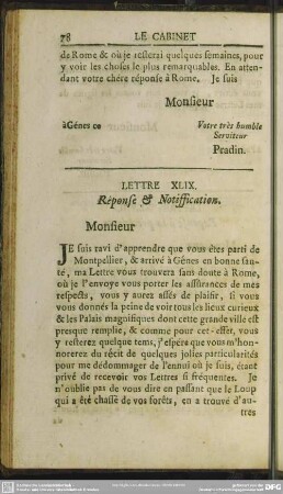 Lettre XLIX. Response & Notifification