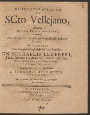 Disputatio Iuridica De SCto Velleiano,
