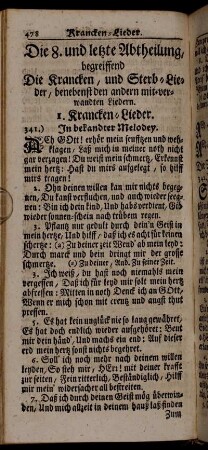 Die 8. und letzte Abtheilung, begreiffend Die Krancken, und Sterb-Lieder, benebenst den andern mit-verwandten Liedern.