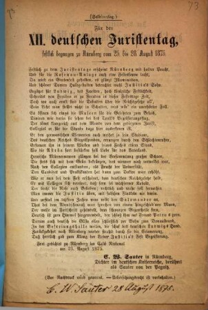 Für den XII. deutschen Juristentag, festlich begangen zu Nürnberg vom 25. bis 28. August 1875