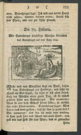 Die 79. Historia. Wie Eulenspiegel dieselbige Wirthin überredet daß Eulenspiegel auf dem Rade liegt