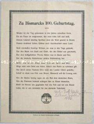 Textblatt mit einem Gedicht auf den 100. Geburtstag von Bismarck
