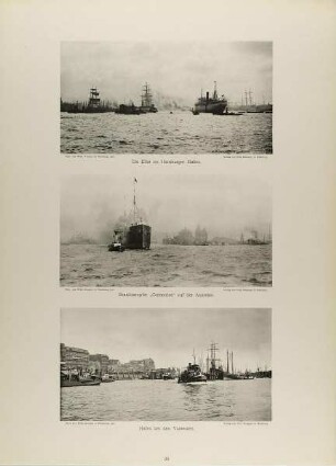 "Die Elbe im Hamburger Hafen", "Brasildampfer 'Corrientes' auf der Ausreise" und "Hafen bei den Vorsetzen" aus der Mappe "Neue malerische Bilder aus der Freien und Hansestadt Hamburg und ihrer Umgebung"