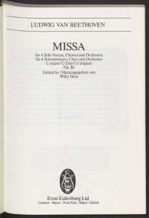 Missa : for 4 solo voices, chorus and orchestra : C major : op. 86