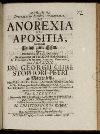 Dissertatio Medica Inauguralis, De Anorexia Seu Apositia, Germanice Unlust zum Essen