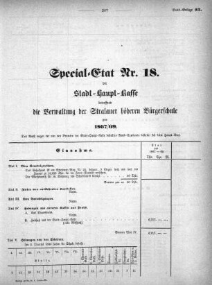 1867,23: Special-Etat Nr. 18 der Stadt-Haupt-Kasse betreffend die Verwaltung der Stralauer höheren Bürgerschule pro 1867/69