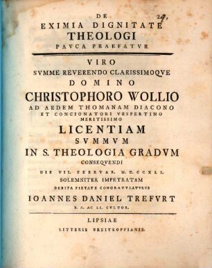 De eximia dignitate theologi pauca praefatur Jo. Dan. Trefurt