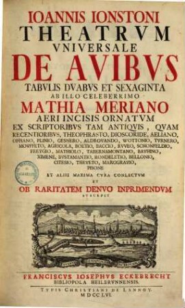 Ioannis Ionstoni Theatrvm Vniversale De Avibvs : Tabvlis Dvabvs Et Sexaginta Ab ... Mathia Meriano Aeri Incisis Ornatvm Ex Scriptoribvs Tam Antiqvis, Qvam Recentioribvs ... Maxima Cvra Conlectvm Et Ob Raritatem Denvo Inprimendvm Svscepit