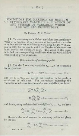Conditions for maximum or minimum of stationary value of a function of any number of variables which are not all independent.
