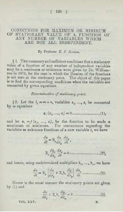 Conditions for maximum or minimum of stationary value of a function of any number of variables which are not all independent.