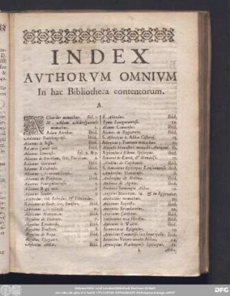 Index Authorum Omnium In hac Bibliotheca contentorum.