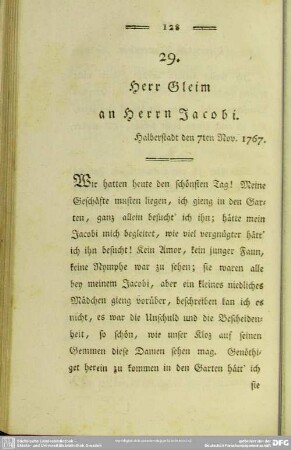 29. Herr Gleim an Herrn Jacobi. Halberstadt den 7ten Nov. 1767