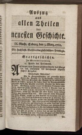 IX. Nachl. Coburg, den 3. Merz, 1762.